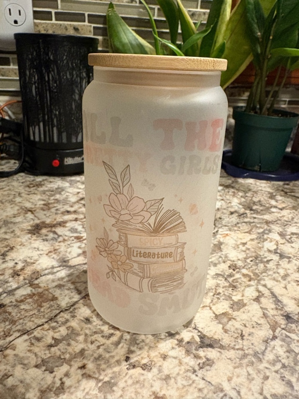 Book-Themed Frosted Glass Canister with Wooden Lid - Pink Accents